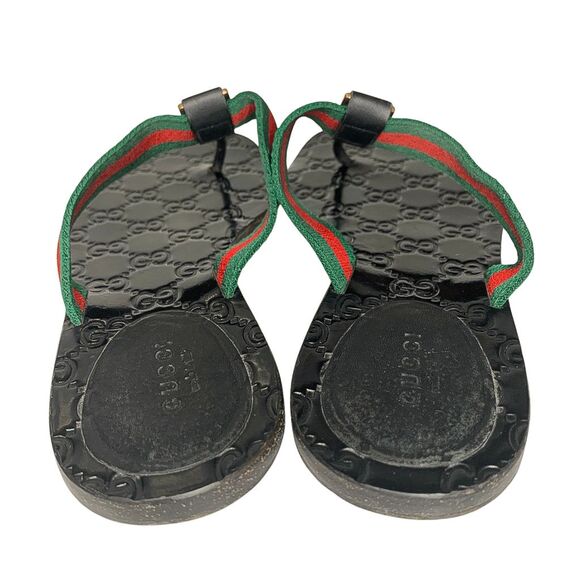 Gucci GG Web Stripe Thong Sandals EU 37.5 US 7.5 Black Flip Flop Slide Flat Heel - Picture 9 of 11
